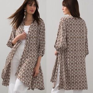 Chicos Tie-Front Drama Kimono duster satin lightweight fabric brown white S/M